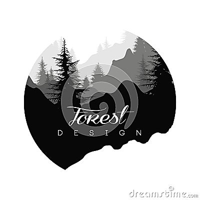 Forest logo design, nature landscape with silhouettes of trees and mountains, natural scene icon in geometric round Vector Illustration