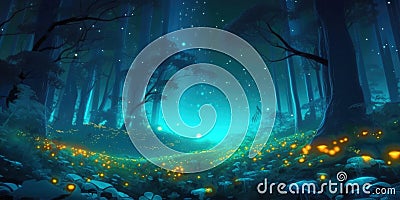 Forest meadow at night with blooming magic flowers, fireflies and silhouettes of trees, fantasy landscape. Generative AI Cartoon Illustration