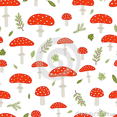 Forest mushroom seamless pattern. Amanita plants, leaves and branches. Nature fly agaric, seasonal natural vector fabric Vector Illustration