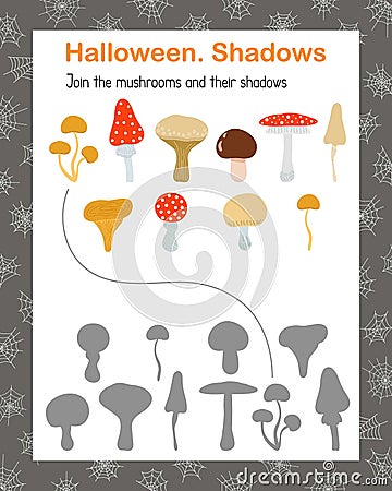 Forest mushrooms and shadows matching game, Thanksgiving Halloween witchcraft holiday kids activities printable worksheet Vector Illustration