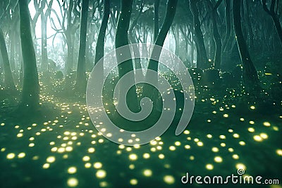 A forest at night, filled with yellow fireflies that light up the darkness. Generative AI Stock Photo