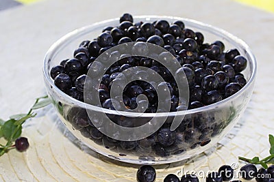 Forest Northern berry blueberry lies in a transparent plate on a light wicker background Stock Photo