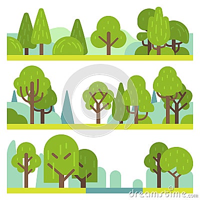 Forest and park plants. Flat different trees, bushes and grass. Woodland and park elements, trendy natural landscape Vector Illustration