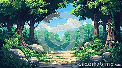 Forest pathway flat design front view enchanted theme pixel art Complementary Color Scheme Stock Photo