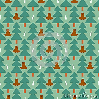 Forest pattern seamless. Bear and Hare. Trees and animals background. Baby Fabric Texture Vector Illustration