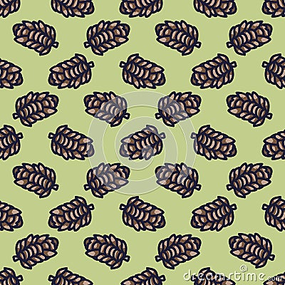 Forest pine cone cartoon seamless vector pattern. Hand drawn woods plant tile Stock Photo