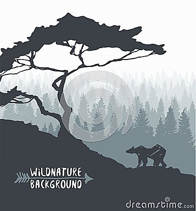 Forest pine tree bear silhouette drawn vector Vector Illustration