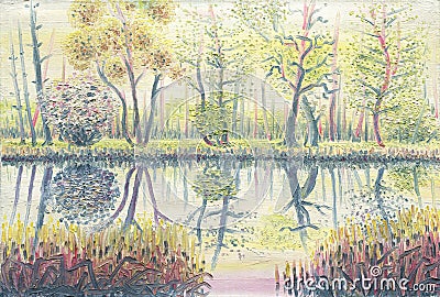 Forest pond in spring. Oil painting on canvas Stock Photo