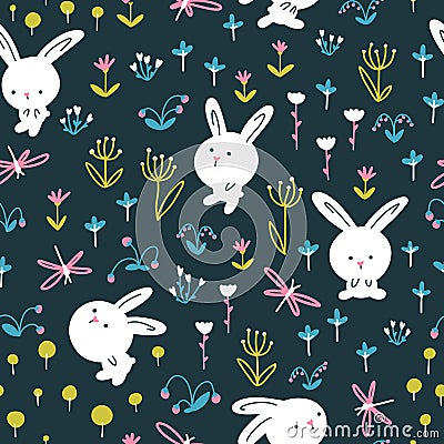 Forest rabbit seamless pattern. Cute characters with flowers and dragonflies. Baby cartoon vector in simple hand-drawn Vector Illustration