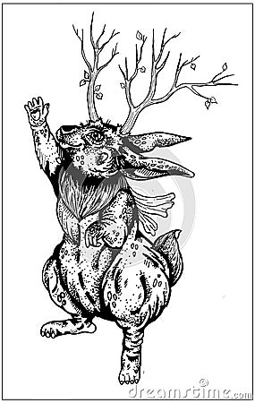 Forest rabbit stands looking up with one paw raised fairytale creature in full growth magic animal Vector Illustration