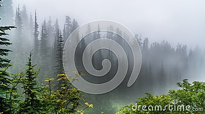 Forest in rainy and foggy Stock Photo