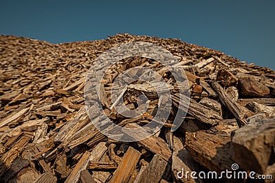 Forest residues mulched as wood chips used for heating. Pile of wood chip particles for biomass boiler, view from below Stock Photo