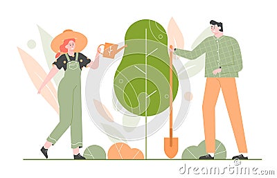 Forest restoration, reforestation planting new trees, environment day. Vector Illustration