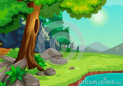 Forest with a river background Vector Illustration