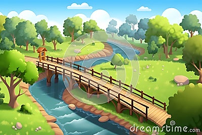 Forest river landscape in cartoon style. Neural network AI generated Stock Photo