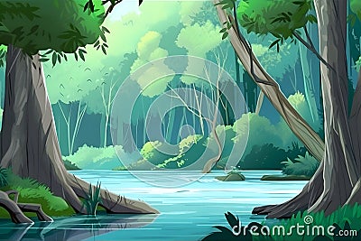 Forest river landscape in cartoon style. Neural network AI generated Stock Photo