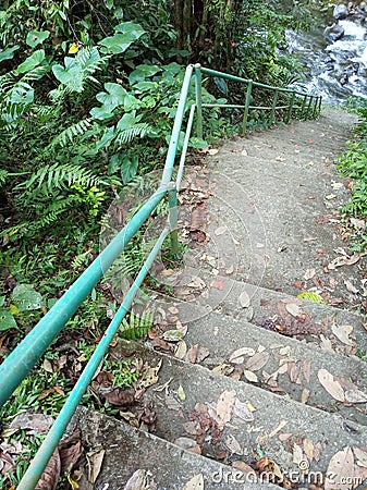 Forest river stairs in perspective. Outdoor stairs with iron fence and autumn leaves background. Stairs to climb around nature Stock Photo