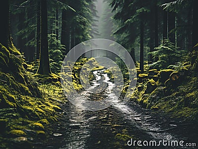 Forest road with green moss and grass in the mountains. Stock Photo