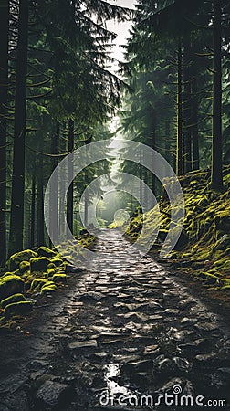 Forest road with green moss and grass in the mountains. Stock Photo