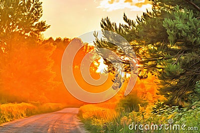 Forest road at sunset time Stock Photo