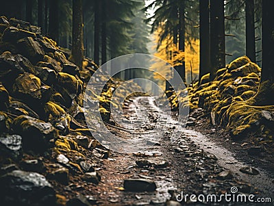 Forest road with yellow moss and grass in the mountains. Stock Photo