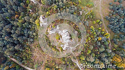 Forest and rocks in autumn aerial view Stock Photo