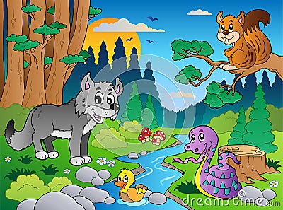 Forest scene with various animals 5 Vector Illustration