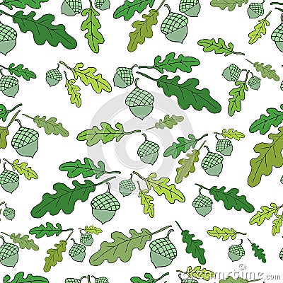 Forest seamless pattern. Bright acorns and juicy green oak leave Vector Illustration