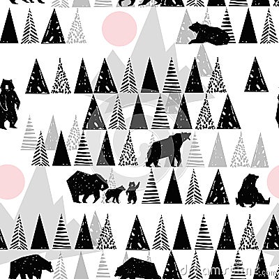 Forest seamless pattern. Wildlife pattern. Grizzly Bear. Abstract forest pattern. Stock Photo