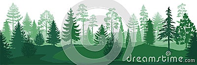 Forest silhouettes. Wild nature wood backgrounds, green pine trees firs and spruces landscape. Vector park backdrop Vector Illustration