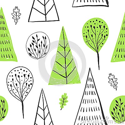 Forest simple sketh drawn hand seamless pattern with tree, foliage, coniferous, spruce, fir. For wallpapers, web Vector Illustration