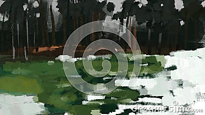 Forest snow in daylight with grass illustration brush stroke painting Cartoon Illustration