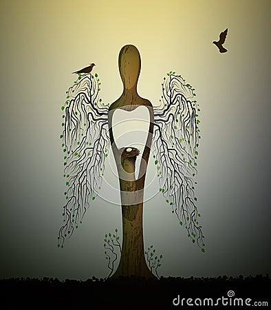 Forest soul, tree looks like angel with birds and nest inside, forest spirit, tree sculpture with birds, tree s dream, Vector Illustration