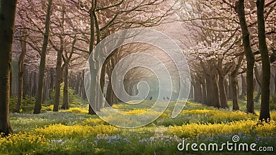 Forest in spring, full of flowering trees and ghostly birds guarding ancient secrets. Stock Photo