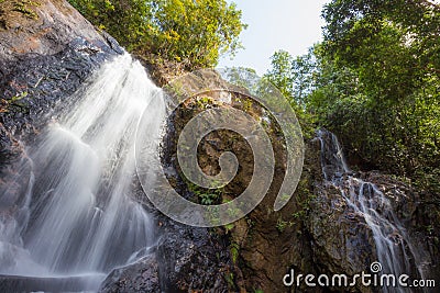 Forest stream waterfall. Waterfall mossy rocks Stock Photo