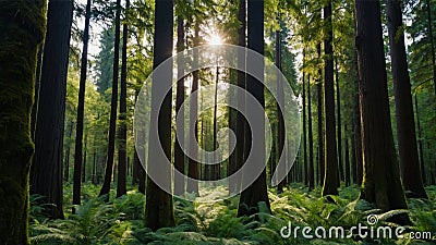 a forest with the sun shining through Stock Photo