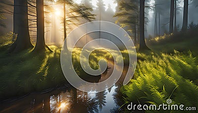 forest in thick dense fog with reflection of the sun's rays penetrating through foliage and puddles in the grass, Cartoon Illustration