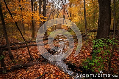forest trail with autumn foliage and babbling brook Stock Photo