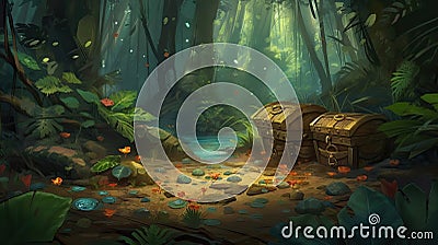 Forest Treasure: A Digital CG Artwork Concept Illustration in Realistic Cartoon Style Background. Perfect for Video Games. Stock Photo