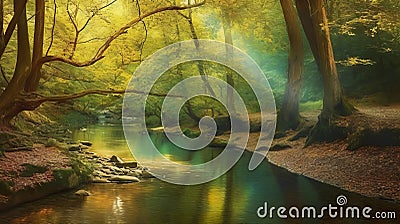 Forest Tree and River Water Digital Generated Realistic Photo Illustration Artwork Stock Photo