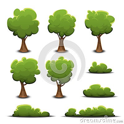 Forest Trees, Bush And Hedges Set Vector Illustration