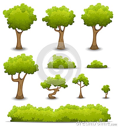 Forest Trees, Hedges And Bush Set Vector Illustration