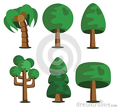 Forest Trees, Hedges Illustration of a set of cartoon spring or summer forest trees and other forest elements Vector Illustration