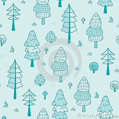 Forest trees seamless vector pattern. Botanic design texture in colors of blue Vector Illustration