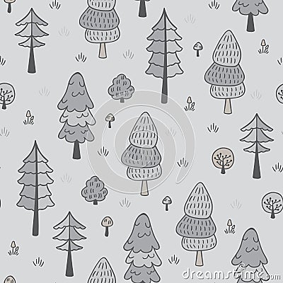 Forest trees seamless vector pattern. Botanic design texture in colors of grey Vector Illustration