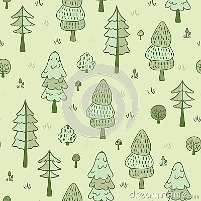 Forest trees seamless vector pattern. Botanic design texture in colors of green and beige Vector Illustration