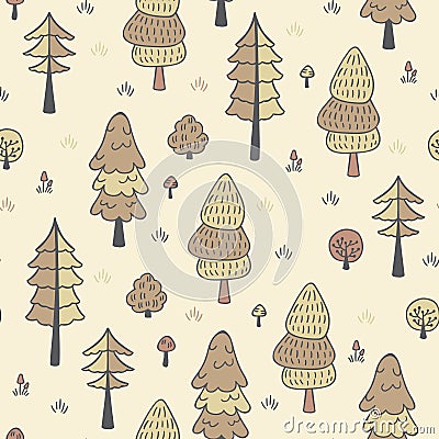 Forest trees seamless vector pattern. Botanic design texture in colors of brown and beige Vector Illustration