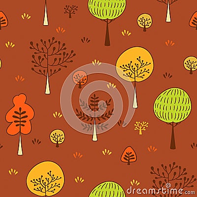 Forest trees seamless vector pattern. Botanic design texture in colors of brown, green and orange Vector Illustration