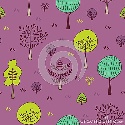 Forest trees seamless pattern. Botanic design texture in colors of green and purple Vector Illustration