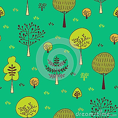 Forest trees seamless vector pattern. Botanic design texture in colors of green, yellow and orange Vector Illustration